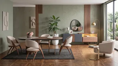 Productafbeelding van Moderne eethoek met een ovale eettafel, 4 stoelen en een designbuffetkast
