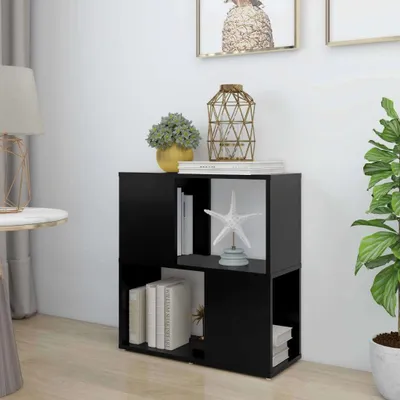 A black bookshelf with books and decorative items.