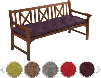 A wooden bench with a purple cushion, shown with a selection of color swatches below.