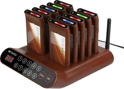 Productafbeelding van Retekess T116A Draadloos oproepsysteem, 10-persoons pagersysteem voor klantgesprekken, met geluidssignalen, 999 kanalen, bereik tot 300 meter, geschikt voor restaurants, hotels en straatvoedingswinkels