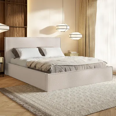 Produktbild von MOTIVENA Boho Polsterbett 160x200 mit Bettkasten, Metall Latttenrost, Bett 160x200 Beige Boucle (Catch Me 02)