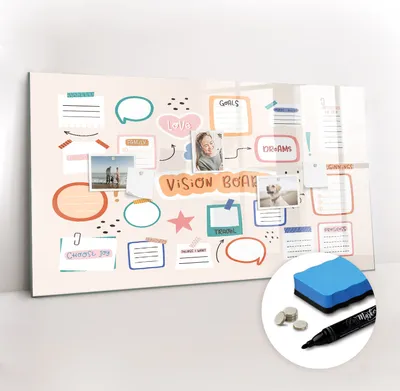 Produktbild von Magnetpinnwand Memoboard - Zubehörsatz - Schwarzer Marker + Schwamm + Magnete - 120 x 60 cm - Buntes Visionboard