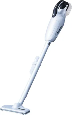 A white cordless vacuum cleaner with a long wand and floor head, shown against a white background.