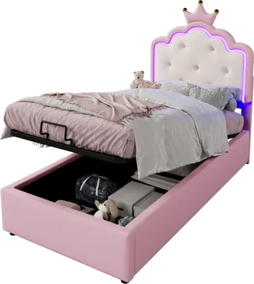 Produktbild von Prinzessinbett mit Stauraum und LED-Beleuchtung, 90x200 cm, Mädchenbett, Polsterbett für Mädchen, Einzelbett, Kunstleder