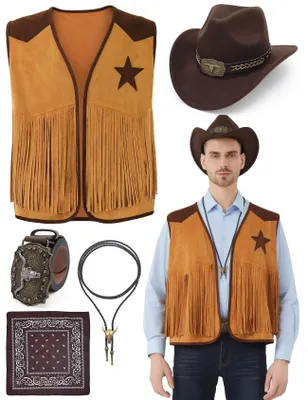 Productafbeelding van Cowboy-set, 5-delig - Westernkostuum - Cowboyvest - Hoed - Das - Geschikt voor Halloween en cosplay - Verkrijgbaar in 6 maten - Cowboykostuum