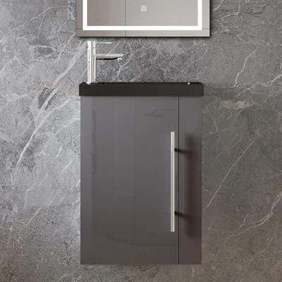 Produktbild von 45 cm Badmöbel Set Gäste WC Schwarz Waschbecken mit Unterschrank Kleines Badezimmerschrank mit Soft Close Hochglanz Anthrazit