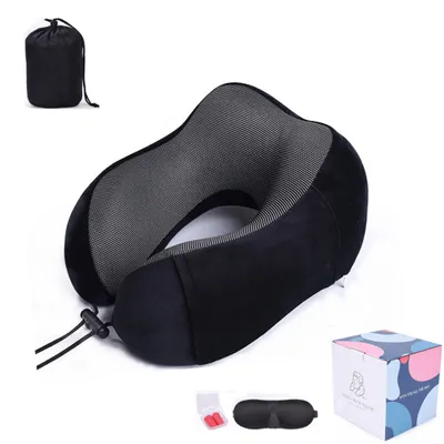 Produktbild von Nackenkissen(29*25*15,Schwarz)mit Schlafmaske,Ohrstöpsel,Tasche,weicher Memory-Schaum,ergonomisch geformtes Nackenstützkissen,maschinenwaschbares Reisekissen ideal für Reisen,Flugzeug,Büro und Camping