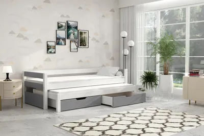 Produktbild von thematys Jugendbett Kinderbett mit Ausziehbett 2 Schubladen 90x200cm inkl. 2 Matratzen in Grau Kinderbett aus Kiefernholz