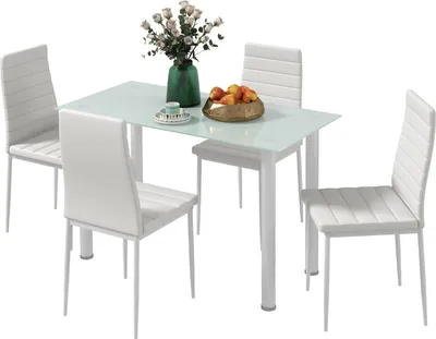Produktbild von 5-Tlg. Essgruppe, Esstisch Mit 4 Stühlen, Küchentisch Mit Hartglasplatte, Esszimmergruppe, Stahl, Schwarz