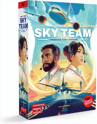 The image shows the front and side of a board game box for "Sky Team - Prepare for Landing". It features artwork of pilots, an airplane, and a runway.