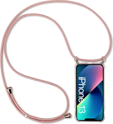 Image de COQUE TRANSPARENTE EN SILICONE POUR IPHONE 13 AVEC LANIÈRE ROSE OR 80 cm