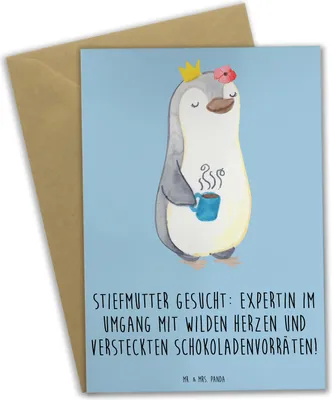 Produktbild von Mr. & Mrs. Panda Grußkarte Stiefmutter Expertin - Blau Pastell - Geschenk, besonders, Stiefkind, Klappkarte, weihnachtskarten, babykarte, Wertschätzung, Herausforderungen