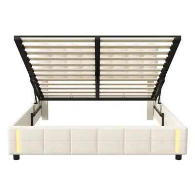 Produktbild von CDGlobal Polsterbett 160x200cm mit Bettkasten und LED-Beleuchtung, hydraulisches Boxspringbett mit höhenverstellbarem Kopfteil und Lattenrost, Samt Doppelbett Jugendbett Stauraumbett, Beige