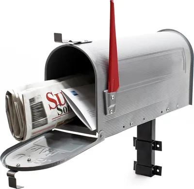 Image de Wiltec Kit Boîte aux lettres américaine et support mural, 180 x 220 x 480 mm, Gris argenté, Acier galvanisé, Boîte postale US Mailbox avec fanion rouge