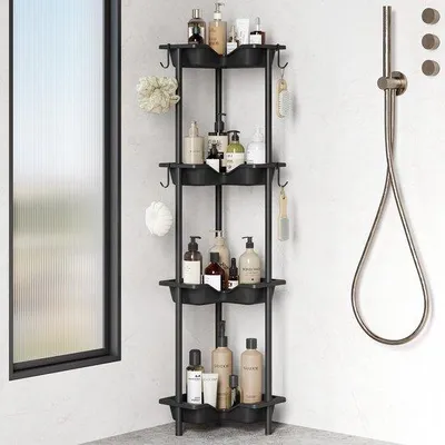 Produktbild von Unyqoos® Freistehendes Duschregal – 4 Etagen, 4 Ablagen mit Haken, schwarz, Metallstangen und Kunststoff, verstellbare Füße, Abtropfsystem, rostbeständig