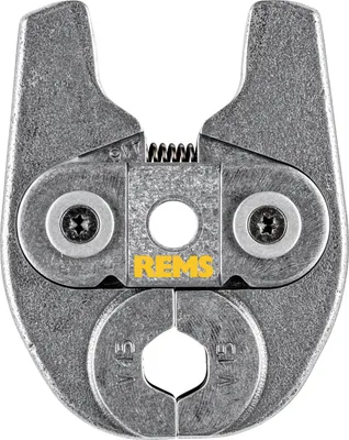 A close-up, top-down view of a metal pipe crimping tool.