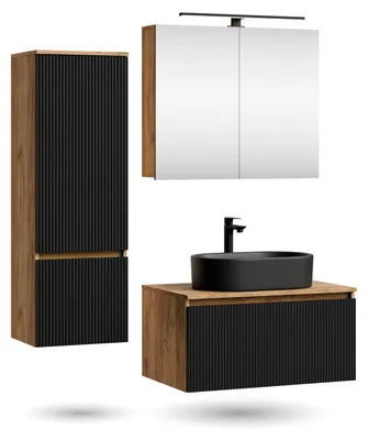 Produktbild von ARISA Badmöbel Set inkl. Hochschrank in Schwarz Geriffelt - Mit Spiegelschrank "ARIA" und schwarzem Keramik-Aufsatzwaschbecken 55 cm
