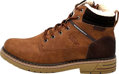 A single brown winter boot shown from the side against a white background.