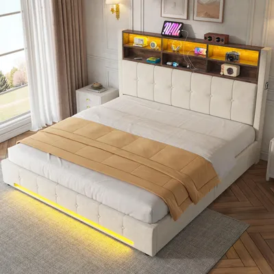 Produktbild von okwish 180×200 Jugendbett mit USB-C und LED, Polsterbetten mit Stauraum-Kopfteil und Bettkasten, Doppelbett in Beige,ohne Matratze