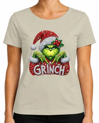 Produktbild von Grinch Weihnachten Strass Glitzer Optik Ugly Christmas Sweater Damen T-Shirt, Natur, S