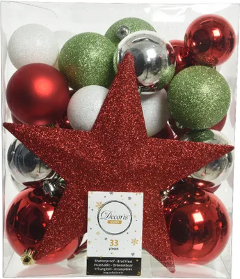 Produktbild von Weihnachtskugeln Kunststoff mit Stern 33er Set - Rot / Weiß / Grün