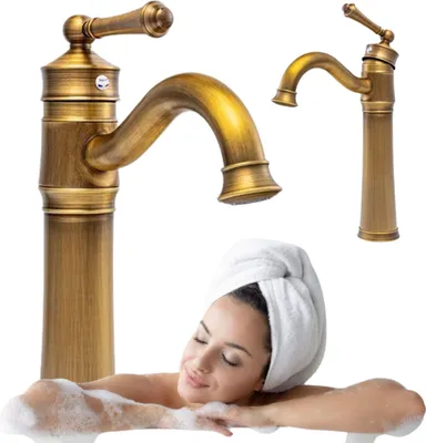 Two brass faucets are shown, with a woman in a bathtub in the foreground.