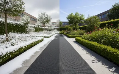 A split image showing a walkway in front of a building, with one side covered in snow and the other side in full bloom with greenery and flowers.