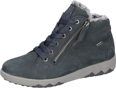 A single blue winter boot is shown against a white background.