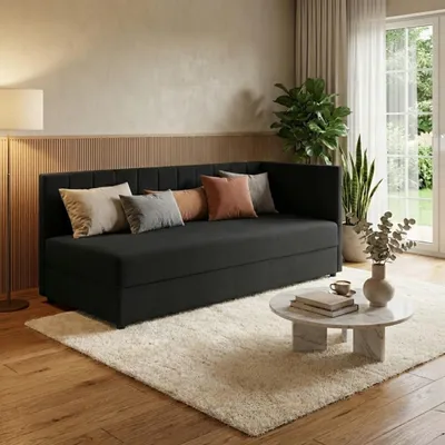 Produktbild von Tagesbett 80x180 - Schwarz - Recamiere mit Schlaffunktion - Polsterbett aus Samt - Universal Montierbar - Bonell-Federkern - Kinderbett