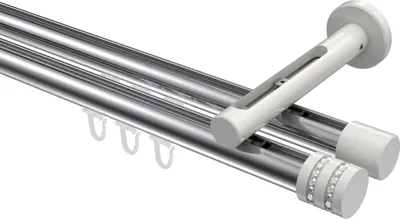 Produktbild von Interdeco Innenlaufstange / Gardinenstange mit Innenlauf Chrom / Weiß, Typ Siteno Estana (Glitzerkappe), 20 mm Ø 2-läufig, 140 cm