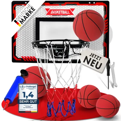 Produktbild von VALENESS® Mini Basketballkorb Indoor [für Tür & Wandmontage] - kleiner Basketball Korb mit Dunk-Funktion, 4 Bällen, Pumpe & Befestigungszubehör