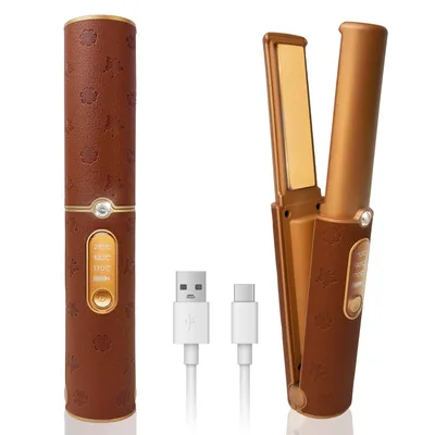 Image de ZELURXX Lisseur sans fil 2 en 1, lisseur portable, batterie 5000mAh, chauffage rapide, lisseur de voyage pour lisser et boucler les cheveux, cuir brun