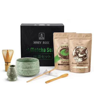 Produktbild von Mary Rose - Matcha Tee Geschenkset Premium 100g & Banane 50g - Grün Keramik Schale Rokku 500ml - Bambus Chasen Besen Löffel - Für White Matcha Latte