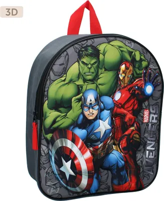 A backpack with Marvel Avengers characters printed on it.