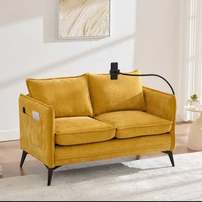 Obrázek produktu pro AIORBER 2místná pohovka s držákem na mobilní telefon a bočními kapsami, malá látková pohovka z chenille, moderní pohovka Loveseat do obývacího pokoje, ložnice, na balkon, žlutá