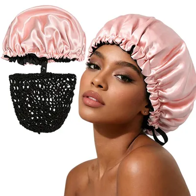 Produktbild von 2-in-1 Verstellbare Satin Doppellagige Schlafmütze mit Abnehmbarem Haarnetz, Rosa