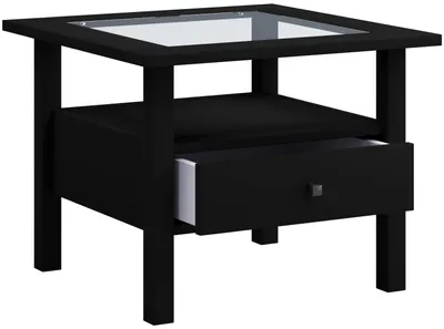 Zdjęcie produktu dla Drewniany stół boczny ze szkłem bezpiecznym ESG | Stolik kawowy prosty | Wymiary ok. H. 42 x W. 54 x D. 54 cm | Stół do salonu z szufladą | Sofa - Lingis M