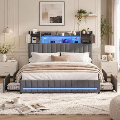 Produktbild von INONEFT Polsterbett 140 x 200 cm, Doppelbett mit LED und USB, Doppelbett mit Lattenrost und 4 Schubladen, Jugendbett, Bett mit Stauraum, Leinen, Grau