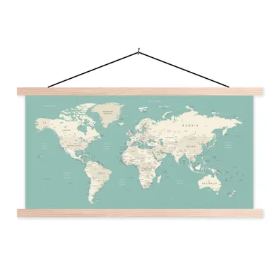 Produktbild von MuchoWow® Textilposter Weltkarte - Blau - Atlas 120x60 cm mit holzfarbenen Rahmen - Klemmleiste