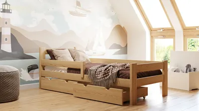 Produktbild von Holz-bett mit Rausfallschutz, Kiefer-Einzelbett Pawełek Max, Meble Wróbel, 80 x 180 cm, Naturbelassen