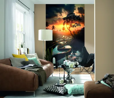 Produktbild von NEWROOM Tapete Orange Vliestapete Landschaft - Mustertapete Modern Grau Schwarz Palmen Fluss Wasser  Tropisch