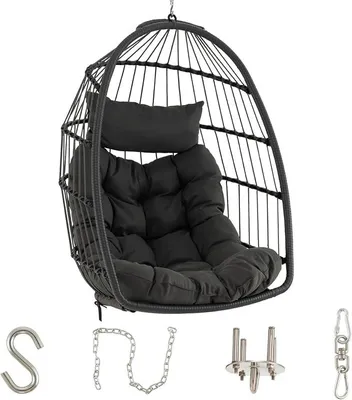 Imagen del producto de Silla colgante con cojín, hamaca colgante con capacidad de hasta 150 kg, sillón colgante ovalado de ratán de polietileno, cesta colgante resistente a la intemperie, sillón colgante plegable para uso en interiores, exteriores y jardines, color gris
