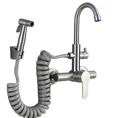 Immagine prodotto di Miscelatore per cucina, acciaio inossidabile 304, girevole, con due fori, finitura nichel