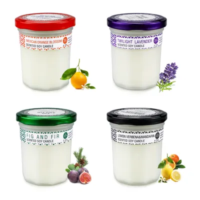 Obrázek produktu pro TWOLIIN Sada 4 vonných svíček ve skleněných dózách - 125 g s levandulí, citronovou verbínou, mexickým pomerančovým květem a fíkem, ideální na večírky, jógu, svatby a dárky