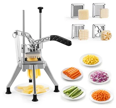 Produktbild von VEVOR Kartoffelschneider, Pommes Frites Schneider, Frittenschneider, Gemüseschneider mit Ersatzklingen (1/2, 3/8, 1/4 Zoll) & Apfelschneider, Edelstahl 420J2, für Restaurants, Cafeterias