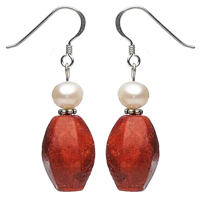 Produktbild von Ohrringe Ohrhänger aus Schaumkoralle & Süßwasserperlen, 925 Silber rot-weiß