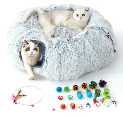 Katzen-Tunnelbett mit 20 Spielzeugen, faltbar, Plüsch, Grau