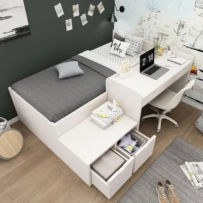 A bedroom scene featuring a bed with integrated desk and storage.
