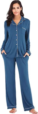 Produktbild von ASKSA Damen Pyjama Lang Weich Schlafanzug mit Knopfleiste Langarm Zweiteiliger Sleepwear Hausanzug, Blau, S