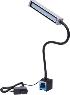 A black LED work light with a flexible arm and magnetic base, connected to a power adapter.
